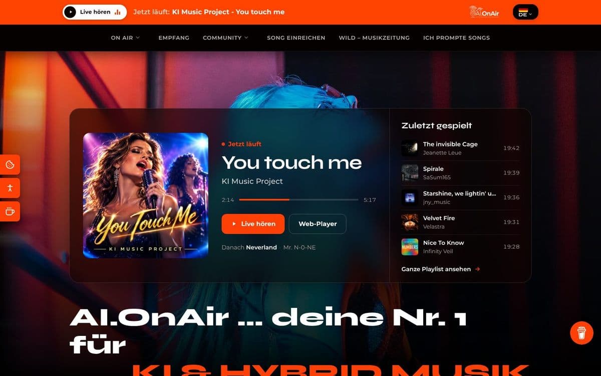 Startseite von ai-onair.com mit Live-Player