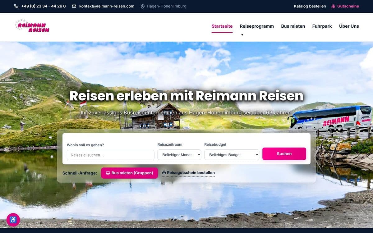 Startseite von reimann-reisen.com mit Reisesuche